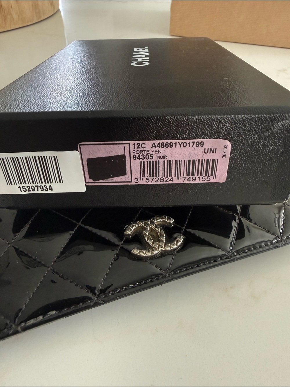 CHANEL Black Quilted Patent Leather Wallet with Silver CC Logo
